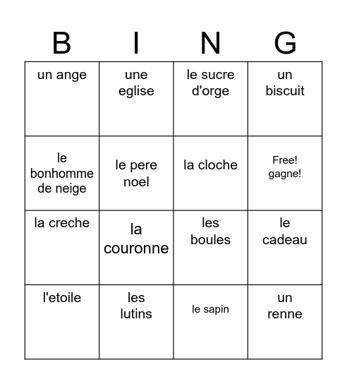 vocabulaire de noel     nom______________ Bingo Card