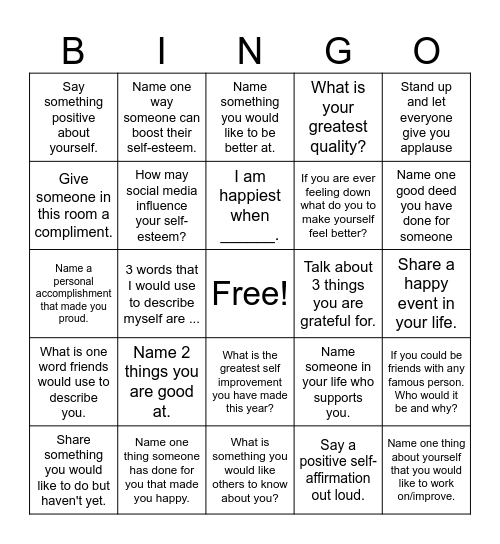 Self-Esteem Bingo! Bingo Card