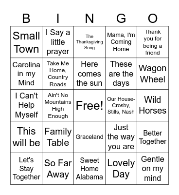 Thanksgiving Tunes Bingo Card