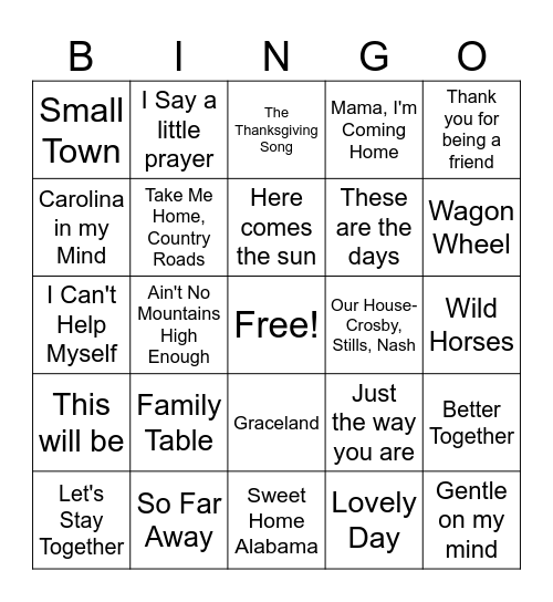 Thanksgiving Tunes Bingo Card