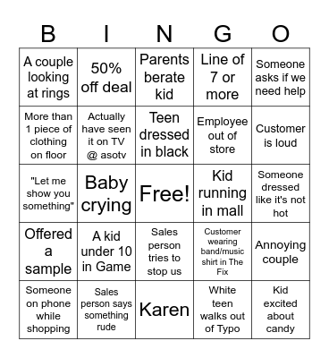 Mall Bingo Card