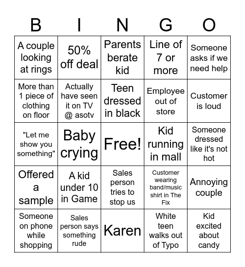 Mall Bingo Card