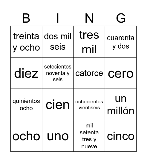 spanish bingo Card