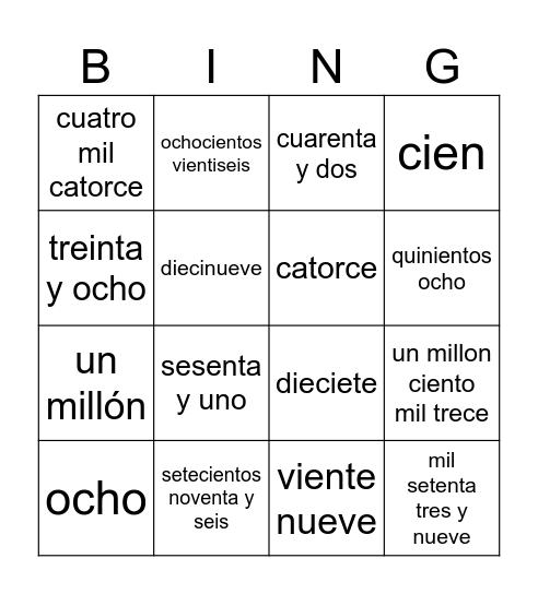 spanish bingo Card