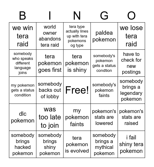 pokemon tera raid Bingo Card