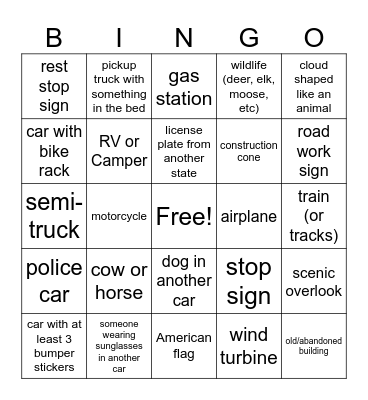 Car Trip Bingo Card