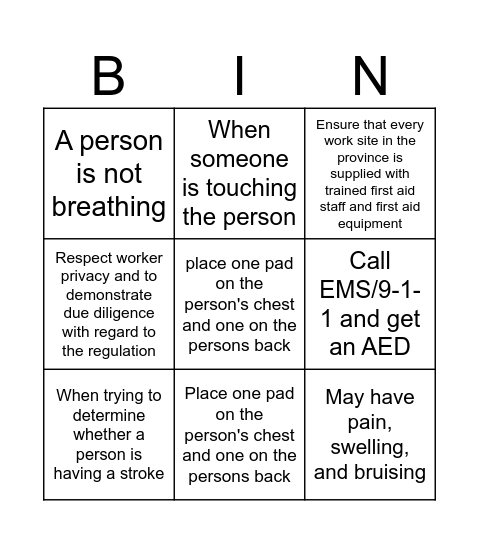 First Aid BINGO Card