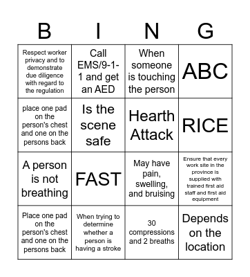 First Aid BINGO Card
