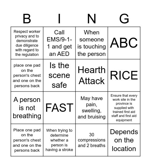 First Aid BINGO Card