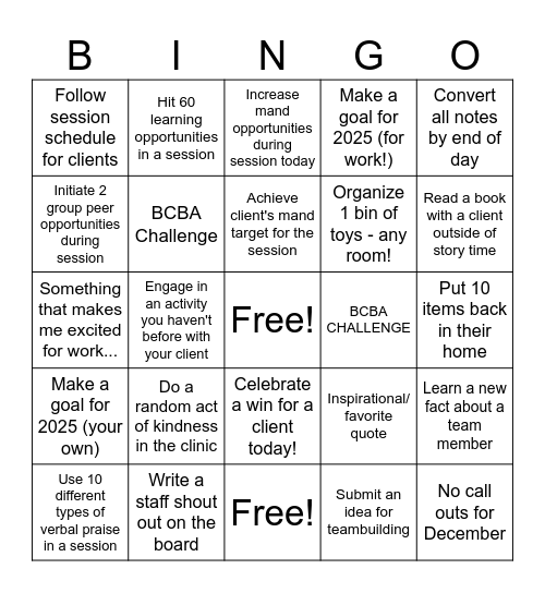 December Bingo Challenge Bingo Card