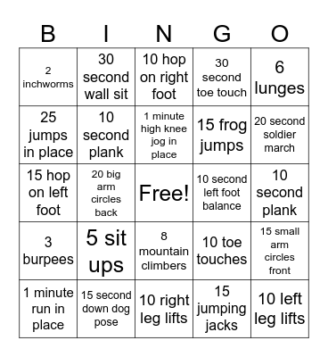 Elementary Fitness Bingo Card