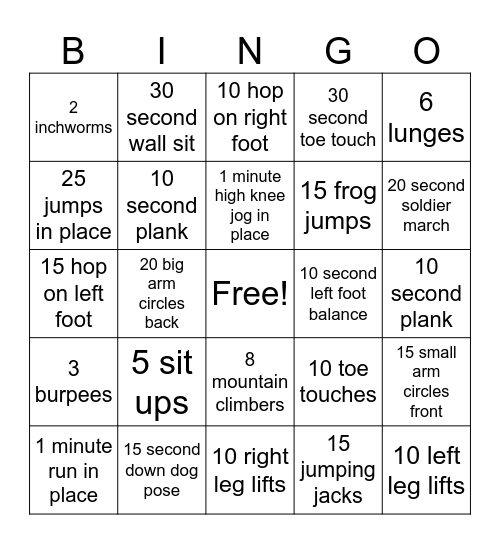 Elementary Fitness Bingo Card