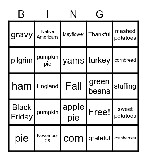 Thanksgiving Words Bingo Card