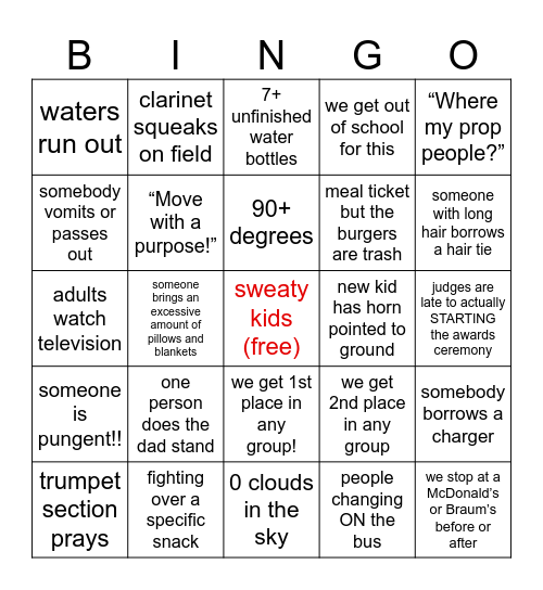 Marching Competition Bingo Card