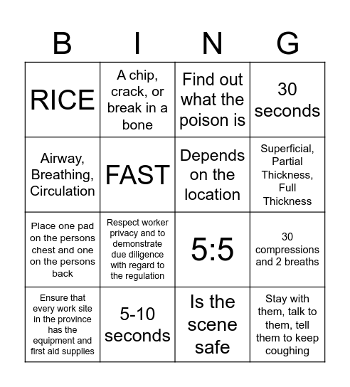 First Aid BINGO Card