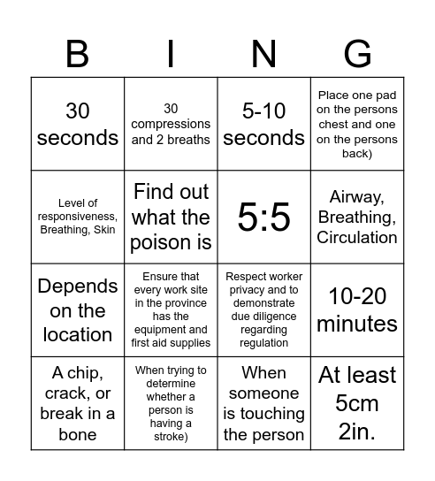 First Aid BINGO Card