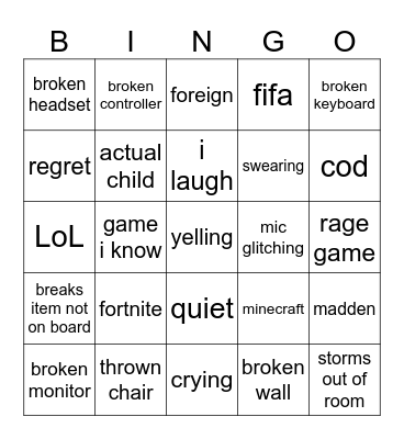 gamer rage Bingo Card