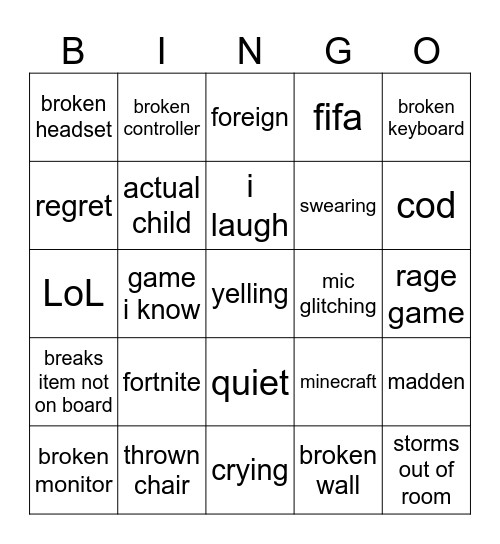 gamer rage Bingo Card