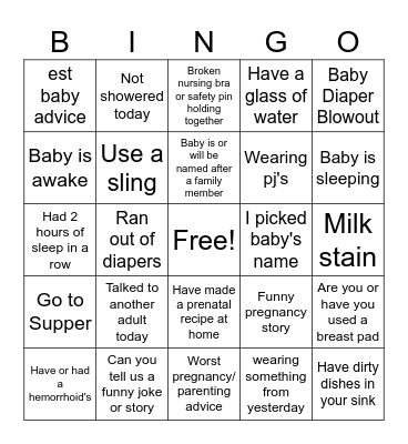 New Parents Bingo Card