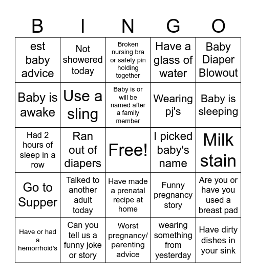 New Parents Bingo Card