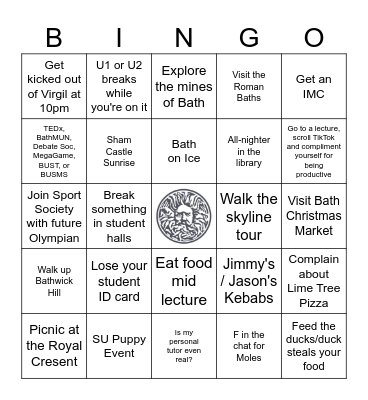 University of Bath Student BINGO Card
