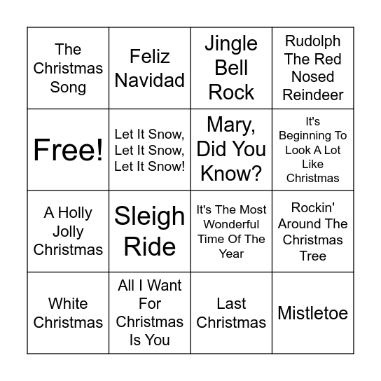 Holiday Song Bingo Card