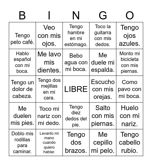 Verbos con El Cuerpo Bingo Card