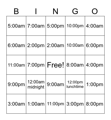 Time Bingo Card