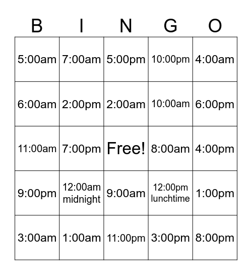 Time Bingo Card