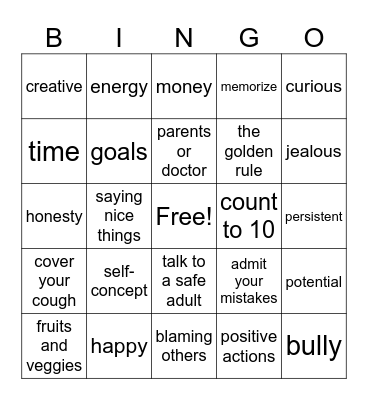Positive Action Bingo Card