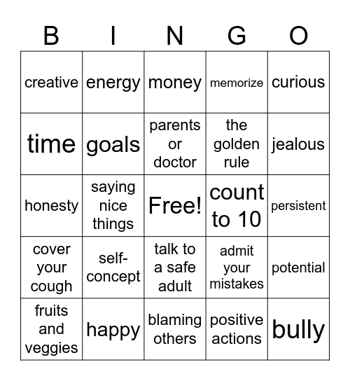 Positive Action Bingo Card