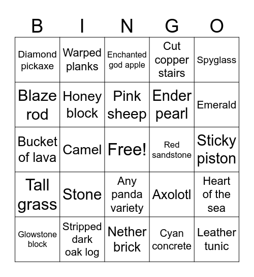 Minecraft bingo Card