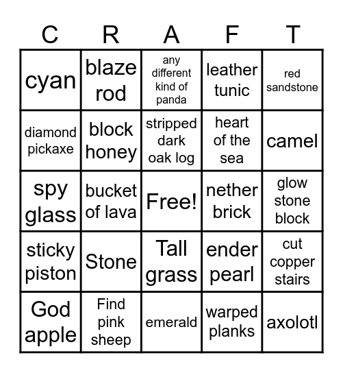 Minecraft Bingo Card