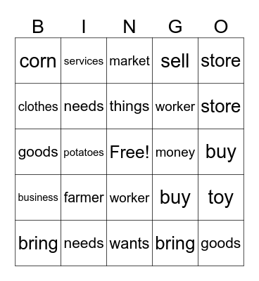 goods and services Bingo Card