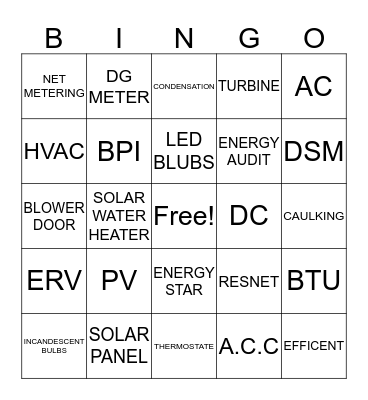 ENERGY BINGO Card
