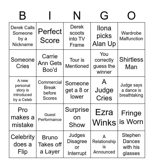 Dancing with the Stars Finale Bingo Card