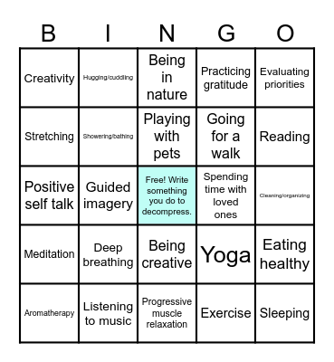 Relaxation Bingo Card