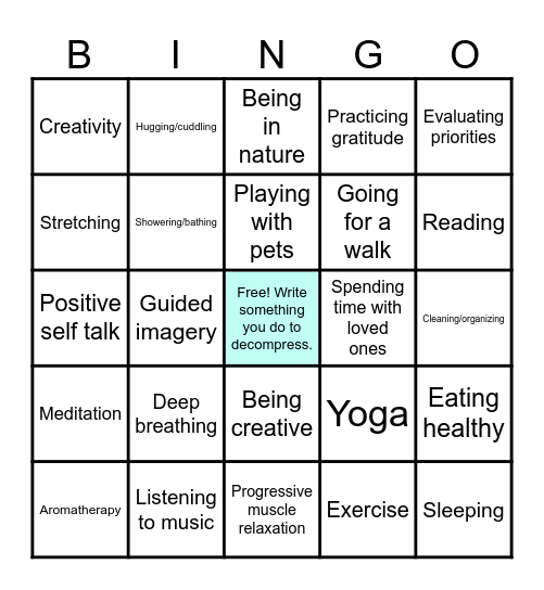 Relaxation Bingo Card