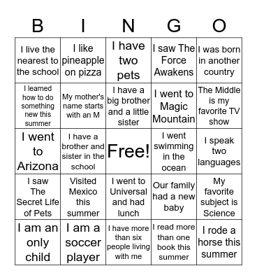 Back to School Bingo Card