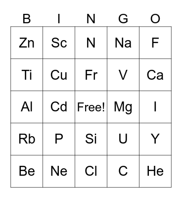 Periodic Table Bingo Card