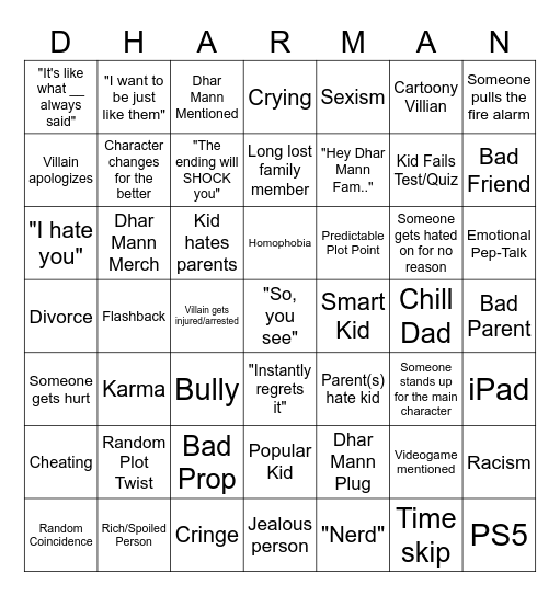 ULTIMATE Dhar Mann Bingo Card