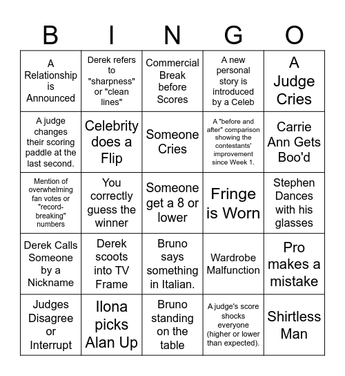 Dancing with the Stars Finale Bingo Card