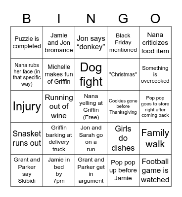 Family Thanksgiving 2024 Bingo Card