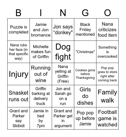 Family Thanksgiving 2024 Bingo Card