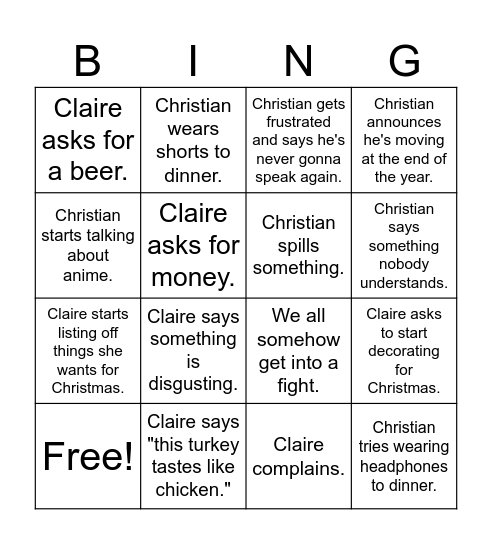 Bailey Thanksgiving Bingooooooo Bingo Card