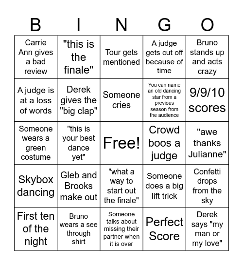 Dancing with the Stars Finale Bingo Card