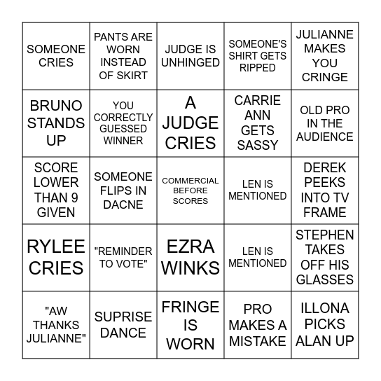 DWTS FINALE Bingo Card