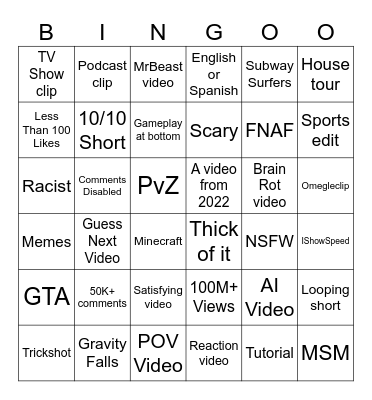Youtube Shorts Bingo Card