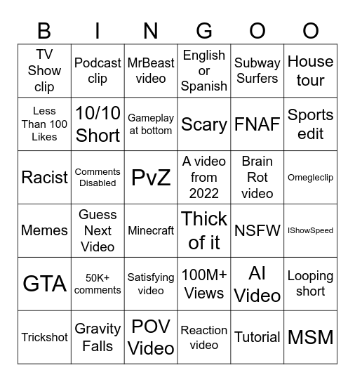 Youtube Shorts Bingo Card