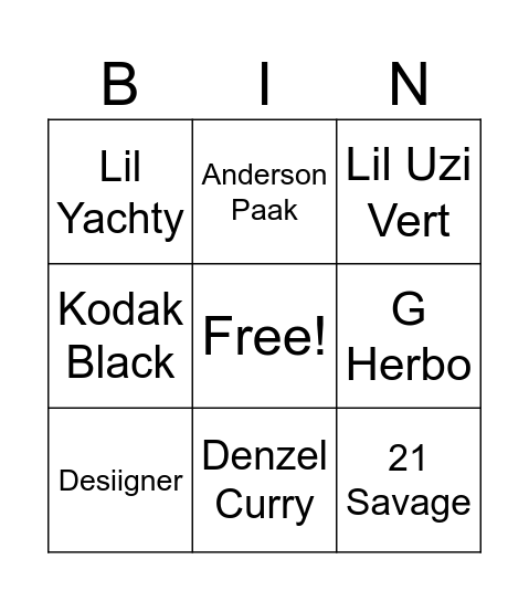 2016 XXL Rappers Bingo Card